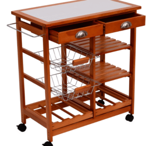 Wooden Kitchen Trolley Rolling Cart with 3 Shelves and Drawers, Honey Colour
