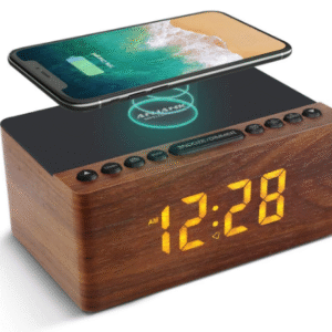 Wooden Bluetooth Speaker Radio Alarm Clock Digital, Wireless Charging Station for iPhone/Samsung, 0-100% Dimmable Display, USB Charging Port, Sleep Timer, Digital Wooden Clock for Bedroom