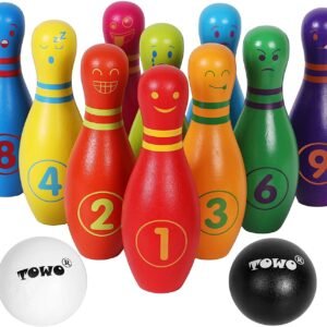 Wooden Skittle Set with Facial Emotions and Numbers Children's Wooden Bowling Set, Skittles Game for Children, with 12 Pins and 2 Wooden Bowling Balls