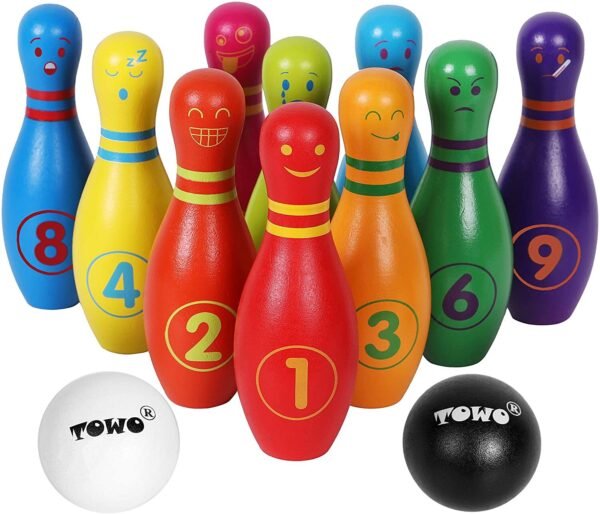 Wooden Skittle Set with Facial Emotions and Numbers Children's Wooden Bowling Set, Skittles Game for Children, with 12 Pins and 2 Wooden Bowling Balls