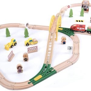Wooden Toy Train Set with Wooden Rails Including Accessories - Children's Toy with Locomotive, Crane, Bridge and More