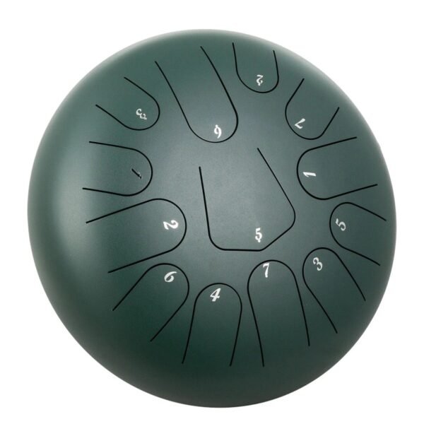 12″ 13-Note Steel Tongue Drum Handpan in Green with Music Book – Perfect for Melodic Play - Image 12