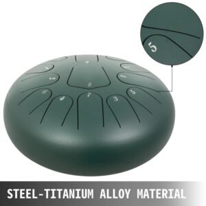 12″ 13-Note Steel Tongue Drum Handpan in Green with Music Book – Perfect for Melodic Play
