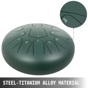 12″ 13-Note Steel Tongue Drum Handpan in Green with Music Book – Perfect for Melodic Play