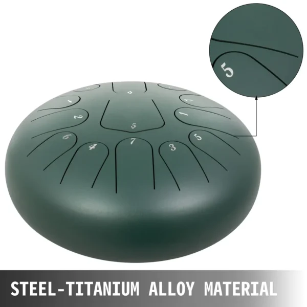 12″ 13-Note Steel Tongue Drum Handpan in Green with Music Book – Perfect for Melodic Play