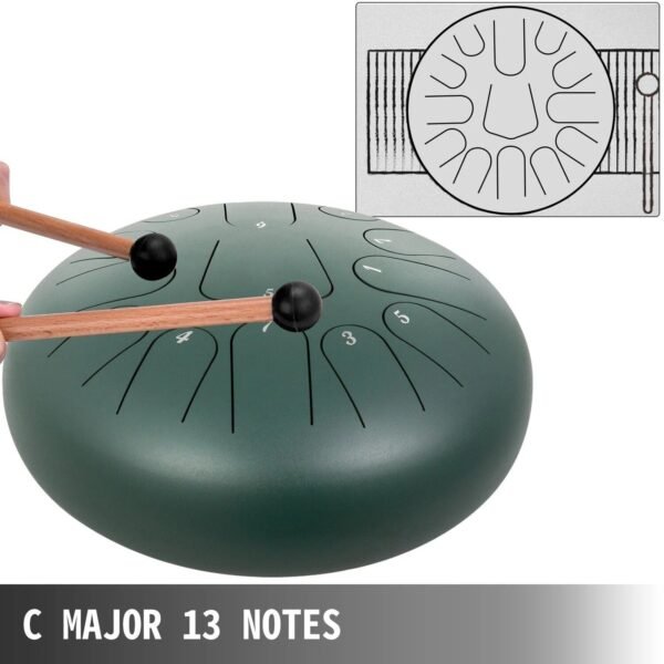 12″ 13-Note Steel Tongue Drum Handpan in Green with Music Book – Perfect for Melodic Play - Image 4