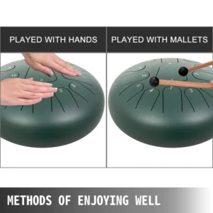 12″ 13-Note Steel Tongue Drum Handpan in Green with Music Book – Perfect for Melodic Play