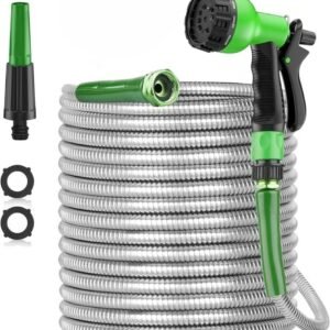 100ft Stainless Steel Garden Hose Pipe – Heavy-Duty Metal Water Hose with 2 Spray Nozzles for Yard and Outdoor Use