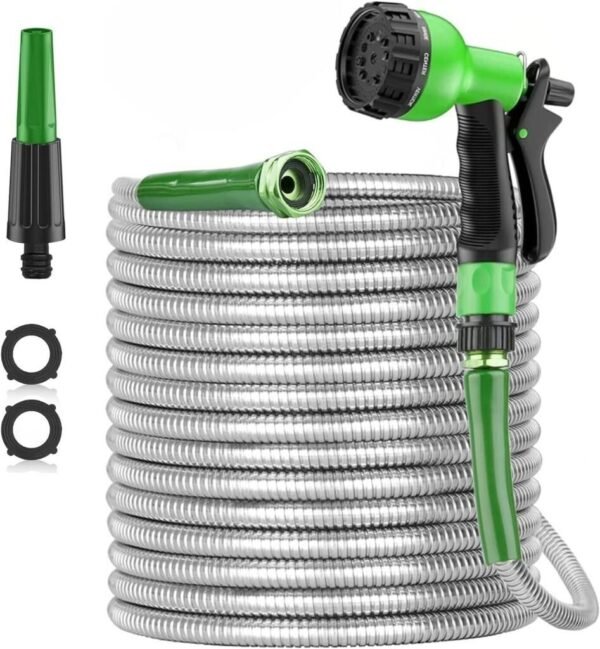 100ft Stainless Steel Garden Hose Pipe – Heavy-Duty Metal Water Hose with 2 Spray Nozzles for Yard and Outdoor Use - Image 8