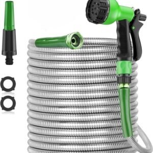 100ft Stainless Steel Garden Hose Pipe – Heavy-Duty Metal Water Hose with 2 Spray Nozzles for Yard and Outdoor Use