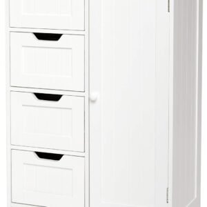 Wooden Storage Unit with 4 Drawers and 1 Door Adjustable Shelf Modern Style Used in Bathroom Living Room Bedroom Kitchen Room, White
