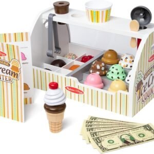 Wooden Scoop and Serve Ice Cream Counter (28 Pieces) - Play Food and Accessories