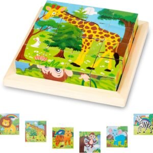 Wooden Picture Cube, Wooden Puzzle, 3D Cube Puzzle, Puzzle Games, 6-in-1 Animal Motifs for Children from 1 2 3 Years
