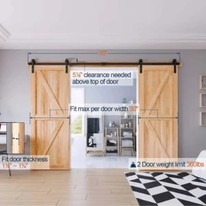 10FT Sliding Barn Door Hardware Kit – Double Door J-Style Track & Roller System with Full Accessory Set