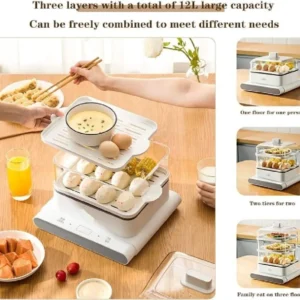 12L 3-Layer Electric Steamer – Intelligent Food Steaming with Auto Shut-Off & Anti-Dry Safety System